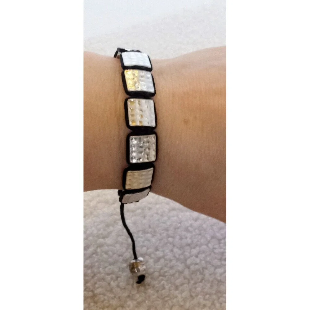 Men's Flat Hammered Silvertone Bead Corded Bracelet 6-10 in Adj